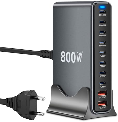 Chargeur USB C Multiple 800 W, Chargeur Rapide PD 140 W 100 W 65 W, Station de Recharge 10 Ports Chargeur GaN-III avec 8 Ports USB-C et 2 Ports USB-A pour MacBook iPad Pro/Air, iPhone 16 15 Pro Max