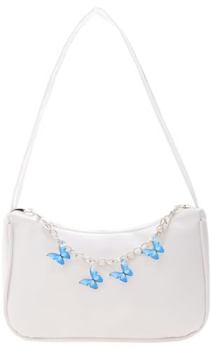FENGQQKJ Handtasche Damen Kleine Umhängetasche mit Schmetterlingskette PU-Leder Schultertasche Weiß Modische Lässige Tasche Coole Taschen Teenager Mädchen Mini Handtasche Hand Bag für Damen