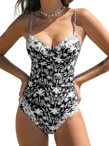 CUPSHE Women's One Piece Swimsuit V Neck Color Block Underwire Push Up Ruching Tummy Control Back Cutout Retro Textured, M