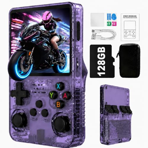 Lihaian R36S Retro Handheld Spielkonsole,128 G über 40.000 Spiele,Retro Konsole 3.5-Zoll-IPS-Bildschirm,Linux-System,Tragbare Mini-Arcade, unterstützt mehrere Emulatoren (R36s-Lila)