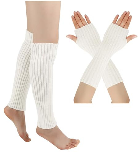 2 Paar Damen Beinstulpen Pulswärmer Stulpen Set Frauen Winter Crochet Stricken Lange Armstulpen Winter Warme Halbfinger Lange Gestrickt Beinwärmer Legwarmers Gestrickte für Yoga (White, One Size)