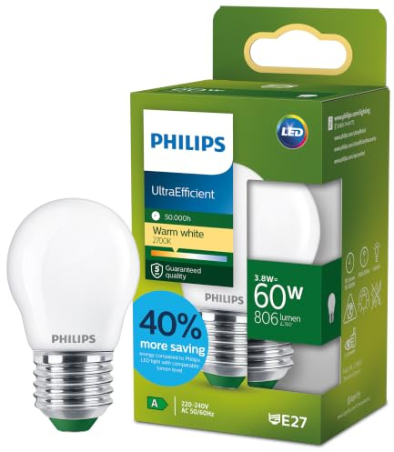 Philips LED UltraEfficient frostad P45 ljuskälla, E27 sockel, energiklass A, 806 lm, 60W ekvivalent, varmvit (2700K), EyeComfort, 50 000 timmar, 1 förpackning