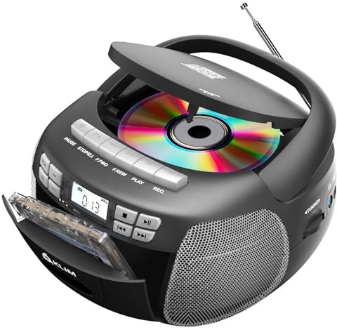 KLIM CD Player with Cassette, Cassette Player & Recorder, Radio with CD, AM/FM Radio & USB, Bluetooth, Mains and Battery Operated - Silver