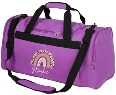 minimutz Kindersporttasche personalisiert Regenbogen, Reisetasche Mädchen groß, Sporttasche Rainbow Leo-Print Kinder mit Name 26L (lila)