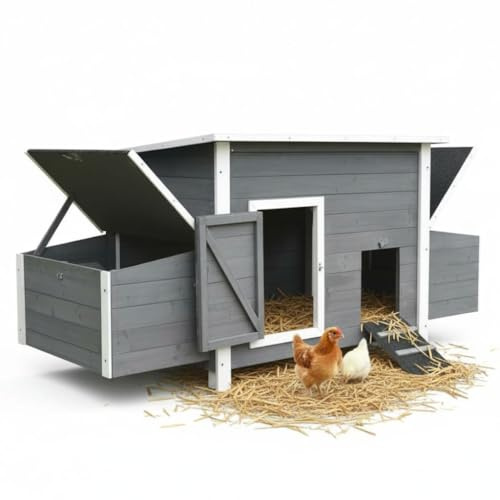 Mucola Hühnerstall Hühnerhaus XXL für 6-8 Hühner 2 Nestboxen Holz Grau Weiß | wetterfest, Asphalt-Dachabdeckung, 4 Nistplätze mit Außenzugang, Reinigungsschublade, erhöhte Standfüße, Wachteln, Outdoor