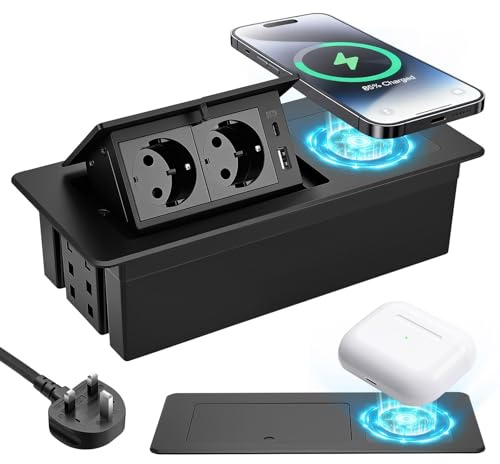 Pop Up Desktop Socket, Recessed Power Strip with USB C PD20W & 15W Wireless Charging, 2 AC Outlets for Kitchen Worktop Conference Desk, 1.8M Cable – Black, UK Plug