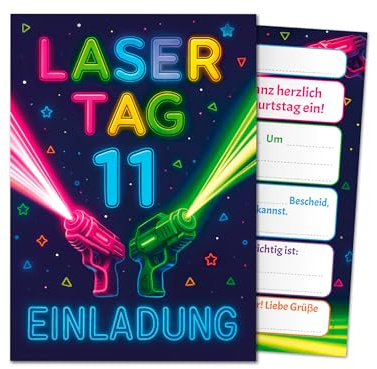 JuNa-Experten 6 Einladungskarten 11. Kindergeburtstag Lasertag Mädchen Junge Kinder Einladung elfte Geburtstag Laser Tag Geburtstagseinladungen Jungsgeburtstag Mädchengeburtstag Laser-Tag