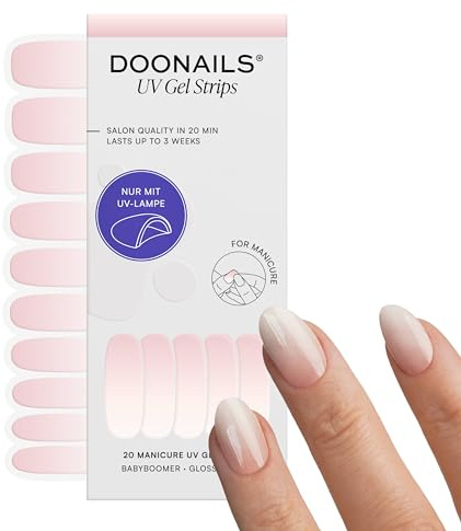 DOONAILS® UV Gel Strips Baby Boomer Rosa-Weiß Ombré – Nagelfolie UV härtend, 20 Strips für 2 Maniküren – Halt bis zu 14 Tage, HEMA-frei & vegan