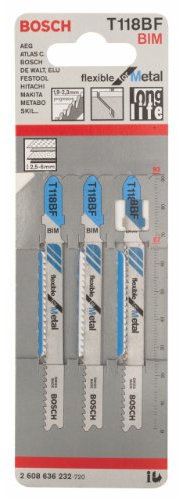 Bosch 3x Stichsägeblatt T 118 BF Flexible for Metal (für Stahlbleche, Professional Zubehör Stichsäge)