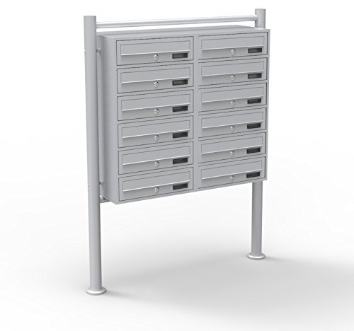 Wiltec 12er Briefkastenanlage silberfarben 945 x 270 x 1500 mm, Standbriefkasten mit 2x6 Fächern, Schlüssel und Namensschild, Briefkasten Postkasten mit Ständer