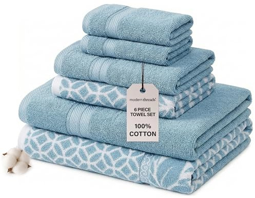 Modern Threads Trefoil Filigranes 6-teiliges Wende-Handtuch-Set, gefärbt, Jacquard, Badetücher, Handtücher und Waschlappen, super saugfähig und schnell trocknend, 100% gekämmte Baumwolle