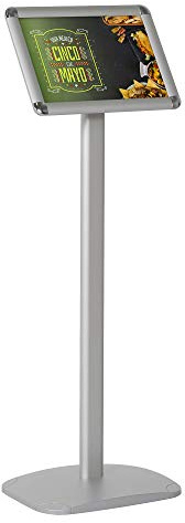 DISPLAY SALES Infoständer DIN A3 für PLAKATE mit 297 x 420 mm. RONDOECKEN silber Informationsständer (1,20 m Gesamthöhe). Rostfreie schwere Alu Fußplatte. Infohalter für Hoch-/Querformat Einsatz