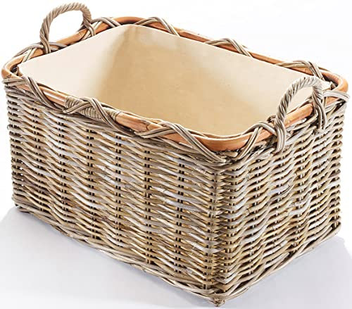 Kobolo Holzkorb für Kaminholz rechteckig Kubu grey aus Rattan mit Griffen und Leinen