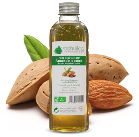 VOSHUILES - Huile Végétale BIO d'Amande Douce - 100ml - Hydratation et Soin de la Peau - 100% Pure et Naturelle - Idéale pour Massage- Cheveux et Visage