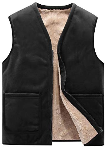 Flygo Men's Zip V-Neck Fleece Vest Winter Outdoor Warm Sherpa Lined Waistcoat Sleeveless Jacket (Large, Black)