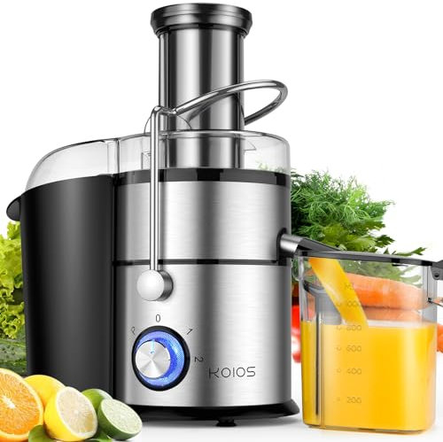 Exprimidor centrífugo KOIOS de 1300 W, extractor de jugo con canal de alimentación extra grande de 3 pulgadas, motor de cobre completo, filtro chapado en titanio, alto rendimiento de jugo, modo de 3