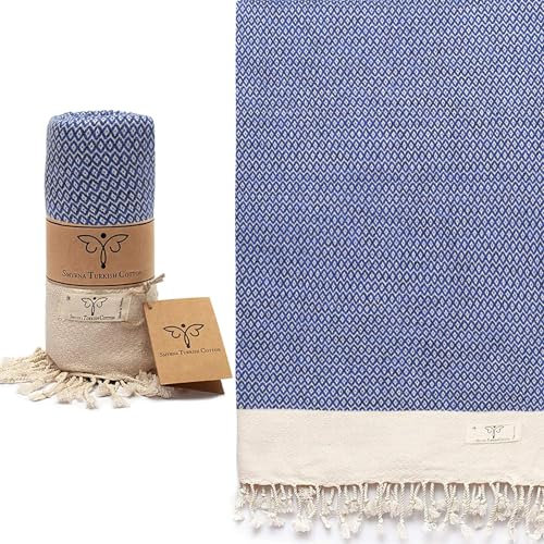 SMYRNA TURKISH COTTON Serie Vintage Toalla de Playa turca, Manta de Playa Extra Grande de Secado rápido, sin Arena, algodón Ligero, para la Piscina, SPA, Viajes, Gimnasio, 94 x 180 cm, Azul Celeste