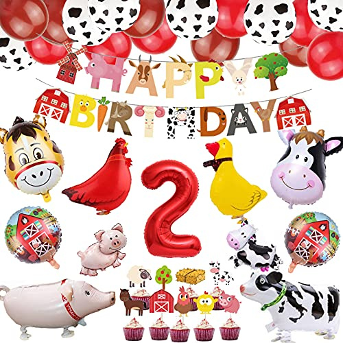 Bauernhof 2. Bauernhof Tier Partydekorationen Scheunenhof Folienballons, Dekoration für Jungen und Mädchen Set, Girlande Ballon, Happy Birthday Banner Cupcake Topper(Entenhuhn Kuh Schaf Schwein Esel)