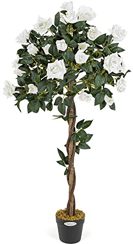 Christow Artificial Rose Tree in Pot, Cream Flowers, 4ft | UV-Protected Foliage & Flowers, Twisted Wooden Trunk, Weighted Pot, Indoor & Outdoor Decoration, Ideal for Homes & Gardens