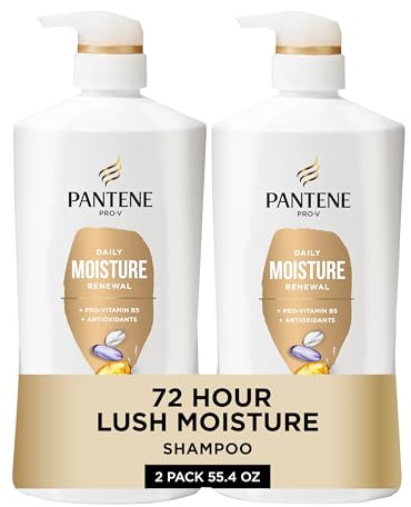 Pantene Shampoo, Daily Moisture Renewal - Pro-V Nutrients for Dry, Color-Treated, Straight to Curly Hair, 72-Hour Hydration & Softness, 27.7 Oz Each, 2-Pack + Miracle Rescue Shot (0.5 Oz)