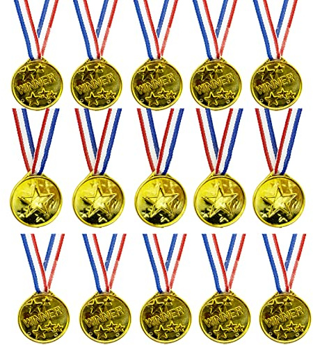 15 PCS Plastic Gold Winners Medals, Kids Children's Party Award Medals with Neck Ribbons for Party Festival Sports Competition Toys Prizes Awards