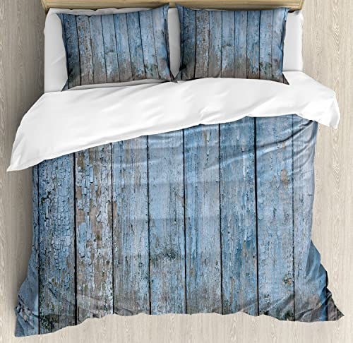 Ambesonne Fence Duvet Cover Sets, Old Painted Rustic Wooden Planks Vintage Naturally Weathered Destruction, Bedding Set with 2 Duvet Covers & 4 Pillowcases, 2 Pack Queen Size, Pale Azure Blue Dust