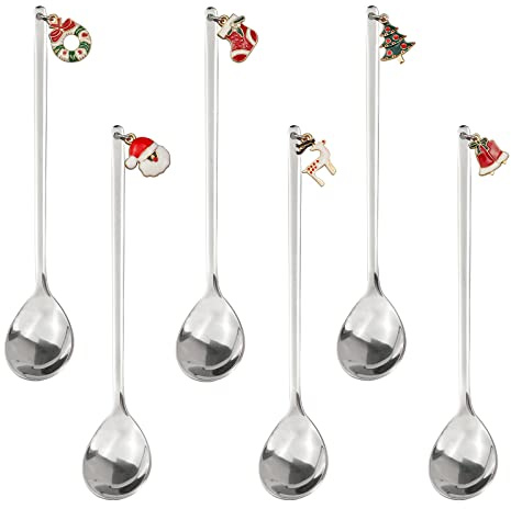 ZoZoMaiy 6 Pezzi Cucchiaini da Caffè di Natale, Cucchiai di Natale in Acciaio Inox con Ciondolo di Natale, per Dessert, Tè, Zuppa, Caffè, per Natale, Capodanno, Decorazione da Tavolo, Argento