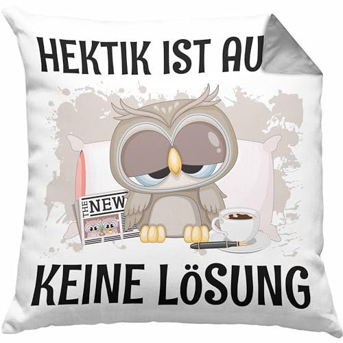 Trendation Hektik Ist Auch Keine Lösung Eulen Kissen mit Füllung 40x40 (Grau)