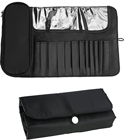 LUEXBOX Portable Folding Makeup Brush Bag, Multifunctional Cosmetics Rolling Storage Case Makeup Brush Holder for Travel, Makeup Brush Organizer Bag (Black)