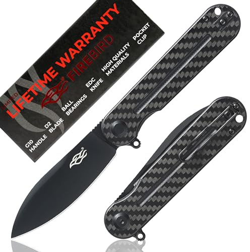 Firebird GANZO FH922PT-CF EDC Faltbares Taschenmesser, rasiermesserscharf, D2 Edelstahl, Schwarze Klinge, G10 Griff mit Clip, Outdoor Klappmesser (Kohlefaser)