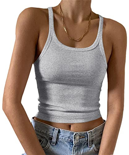 Artfish Women's Sleeveless Tank Top Form Fitting Scoop Neck Ribbed Knit Basic Cami Tight Fitted Heather Grey, M
