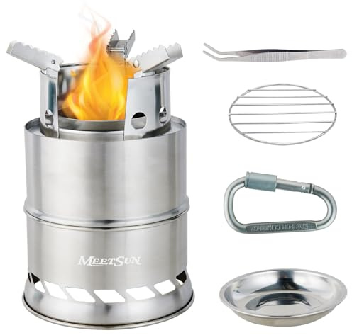 MEETSUN Portable Mini Wood Burning Stove with Grill,Camping Stove Lightweight,Foldable Stainless Steel Backpacking Camping Stove,Solid Alcohol Survival Stove for Camping Hiking Emergency Outdoor