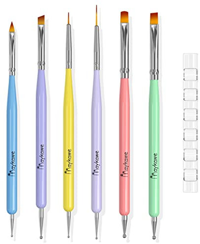 Maykawe 7 Stück Pinsel für Gelnägel, Professionelle Doppel-Ende Nagel Pinsel mit Kristall Pinselhalter, Nailart Pinsel Set, Nagellack Pinsel Nageldesign Detail Fineliner Dotting Tool Nail Art Zubehör