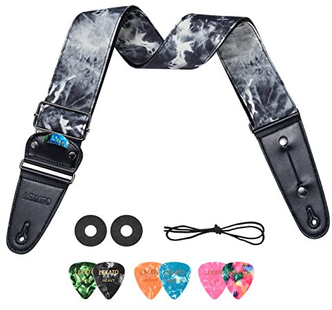 LEKATO Gitarrengurt, Gestreift 6.7cm Breit Verstellbarer Rindsleder Lederenden mit Pick Tasche - mit 6 Plektren/Strap Locks - Guitar Strap für Bass, elektrische und akustische Gitarren