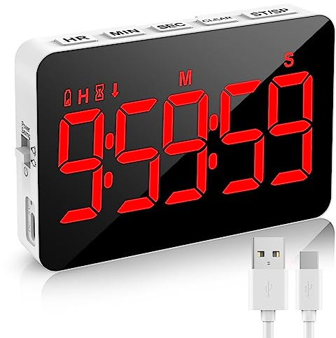 XREXS Küchentimer Digital, Digitaler Kochtimer, Count Up/Down Timer mit 5 inch LED-Display, einstellbare Helligkeit und Lautstärke, magnetischer Timer für Küche/Meeting/Klasse Rot