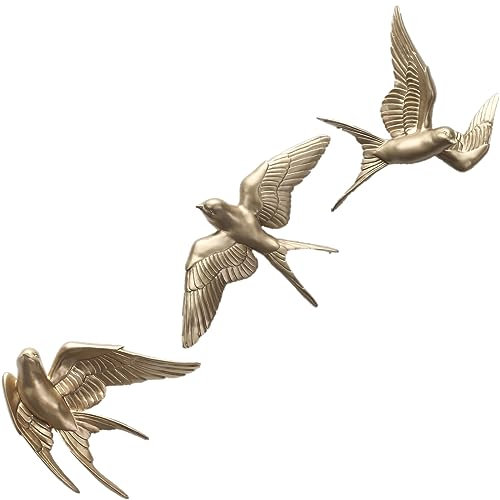Wandskulpturen aus Kunstharz, 3D-Schwalbe, hängende Wanddekoration, Vogelstatue, Wandkunst, Ornament, Skulpturen für Zuhause, Wohnzimmer, Schlafzimmer (Gold, 3 Stück)