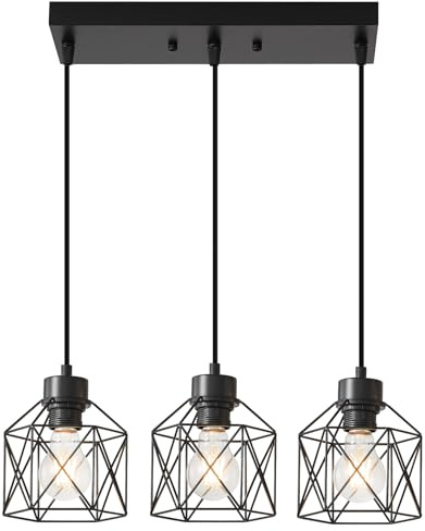 ROCUNSI 3-Light Hanging Pendant Light Fixtures, Farmhouse Kitchen Island Light Fixture, Industrial Hanging Pendant Lighting for Dining Room Bedroom Hallway, Black Metal Cage Pendant Lamp, E26 Base