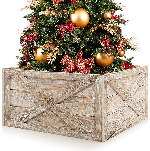 SPOTRAVEL Christmas Tree Collar Box (72 x 69 x 37 cm, Brown) | Wooden Tree Box Stand Cover with Hook & Loop Fastener, Christmas Tree Skirt Replacement for Indoor