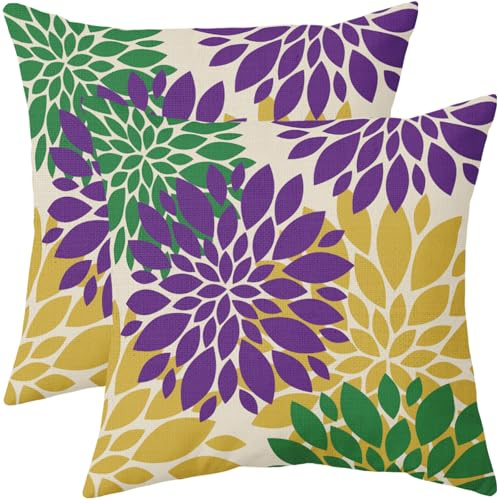 Kissenbezüge, Violett, Grün, Gelb, 45,7 x 45,7 cm, Set mit 2 Stück, Mardi Gras Dahlie, Blumen, Outdoor, dekorative Wurfkissen, Bauernhaus-Kissenbezüge, Leinen-Kissenbezug, Dekoration für Zuhause,
