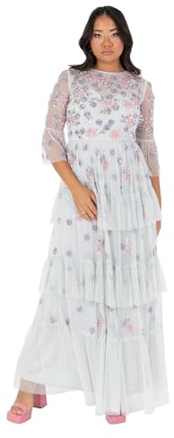 Maya Deluxe Damen Women's Ladies Maxi Dress Round Neck 3/4 Sleeve Floral Sequin Embellished Ruffle A-line for Wedding Guest Prom Ball Gown Kleid, Glacier Grey,