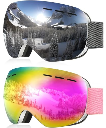 NSSIW Ski Goggles for Men Women Youth, OTG Snowboard Goggles Snow Goggles with Anti Fog and UV Protection Over Glasses 2 Pack