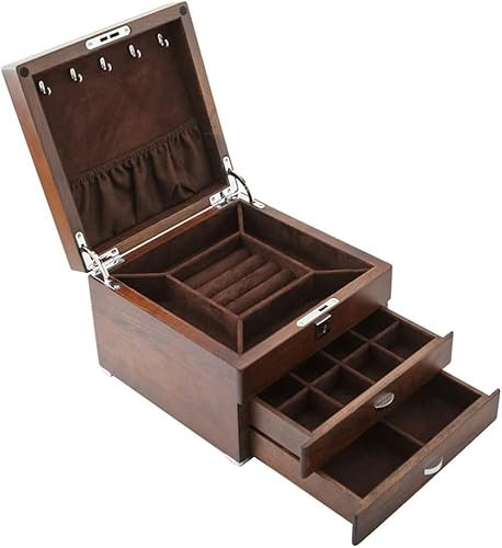 NEWNAN Vintage-Schmuckkästchen, 3-lagiges Holz-Schmuckkästchen, großes Fassungsvermögen, integrierter Spiegel mit Schlossdesign für Hochzeits- und Geburtstagsgeschenke für Damen