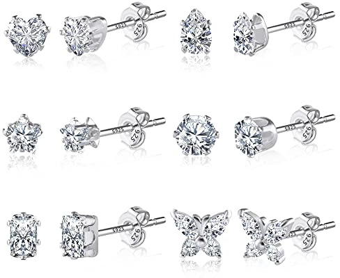4/6Paar Mehrere Silber 925 Ohrringe Ohrstecker Kleine Set für Damen Mädchen | Silber 925 Ohrstecker Set Kleine Schläfer Knorpel Ohrringe Ohrsteck mit Zirkon Stein Blumen Herz Perlen Stern Mond Ohrsteck