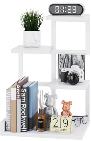 YMYNY étagère de Bureau en Bois, Présentoir de Rangement 4 Couches, Organisateur de Tablette Petite étagère avec Cadre en métal pour, Livres, Plantes, Jouets, 31 x 24 x 44,5 cm, Blanc HSR007W