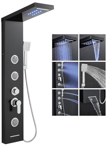 KEOKBON Pannello doccia a LED 6 in 1 nero con rubinetto, 3 doccia massaggiante, sistema doccia in acciaio inox, 6 funzioni, doccia a pioggia, doccia a cascata, 2 modalità, doccetta per vasca