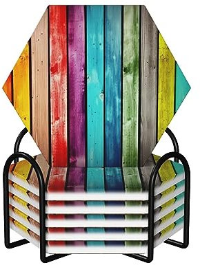 Bunte Holzbrett-Untersetzer für Getränke, Set mit 6 saugfähigen Keramik-Untersetzern mit Halter und Korkboden, niedliche Stein-Getränkeuntersetzer für Heimdekoration, Couchtisch, Bar, Schreibtisch,