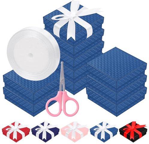 Rustark 12 scatole regalo per gioielli in cartone blu, 9 x 9 x 3 cm, con nastro antimacchia e forbici, piccola scatola regalo con coperchio per collane, anelli, bracciali, orecchini, ciondoli,