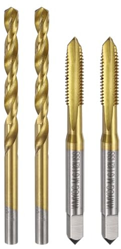 sourcing map Metric Tap & Drill Bit Set, 2pcs M6 x 1 Spiral Point Thread Taps and 2pcs 5mm Twist Drill Bits, Titanium Coated HSS6542 Screw Tapping Threading Tools