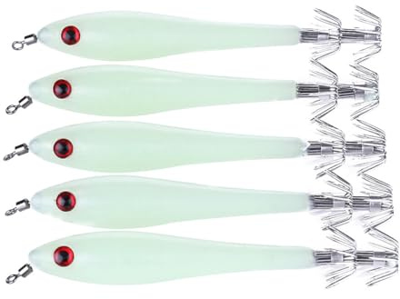 FOLANDO 5pcs Luminous Saltwater Fishing Lures, Octopus Fishing Jig Lures Artificial Spinner Shrimp Squid Bait - 9.5cm