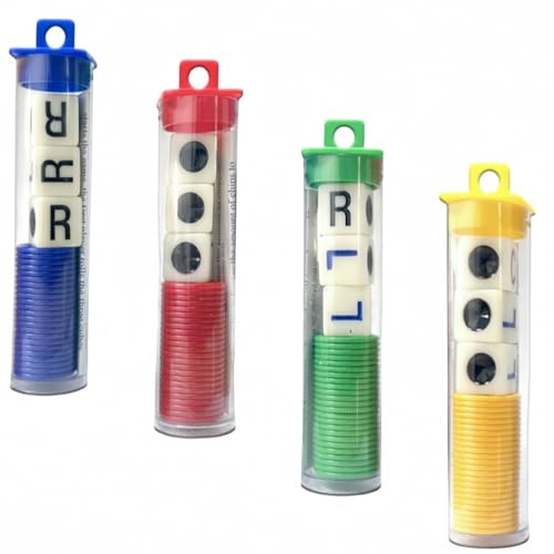 4 Tubes Left Right Centre Dice Games,4 Color Interactive Toy Round Corner Dice Portable Strike Dice Game,Fun Dice Game with 12 Dices+96 Chips for Kids Adults Christmas Family Camping Group Game Dice